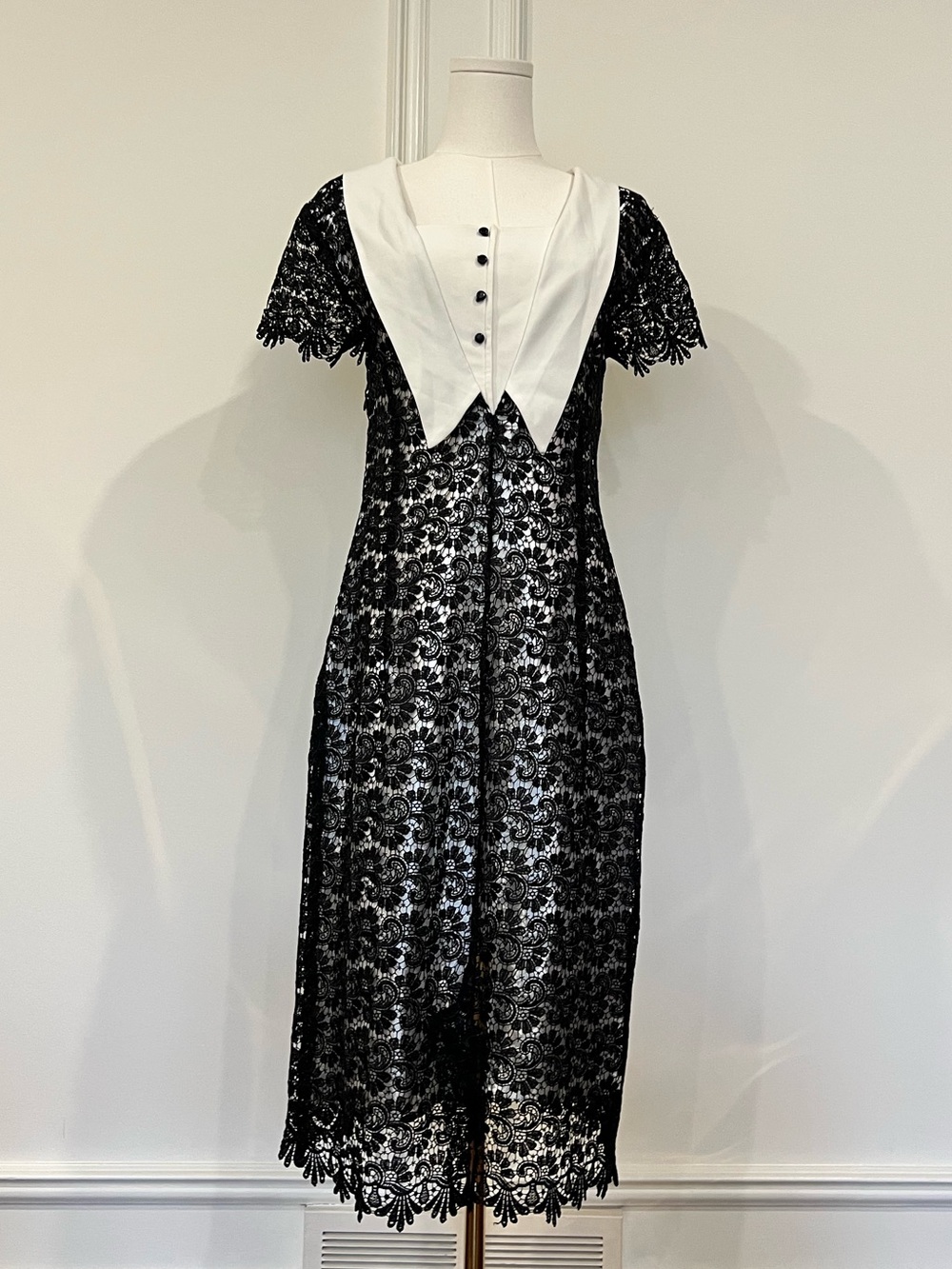 Black Guipure Lace Midi Dress Oversized White Collar Dark Academia Gothic Sheath
